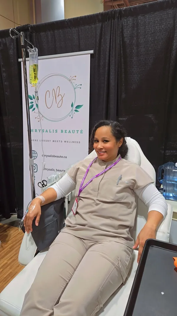 Crystal Simm, RPN, receiving an IV therapy drip