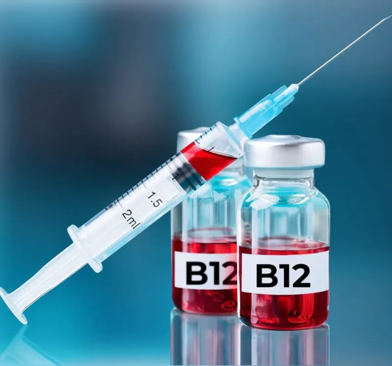 Vitamin B12 injection vials and a syringe