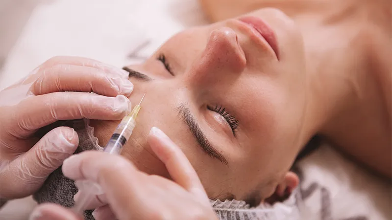 A dermal filler treatment being administered to the cheek area