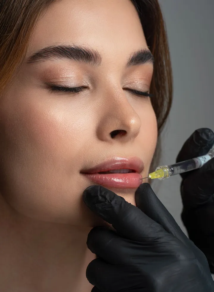 A lip filler treatment being administered by a gloved practitioner