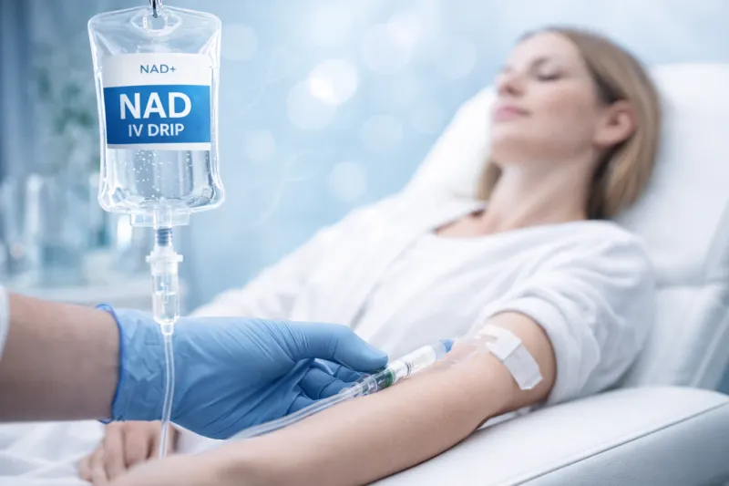 A NAD+ IV drip being administered during a wellness session