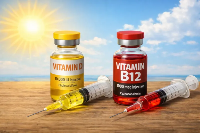 Vitamin D and B12 injection vials with syringes